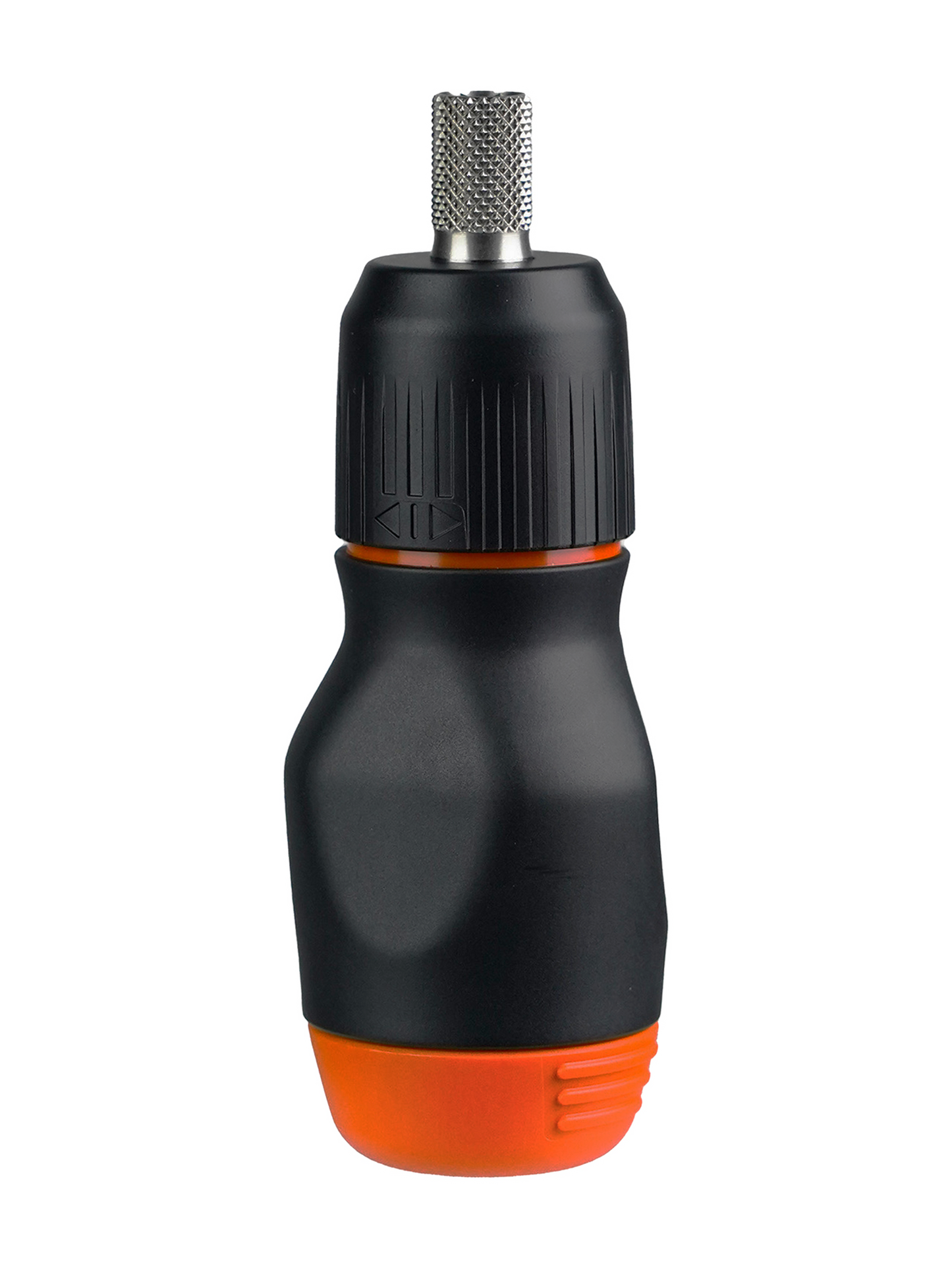 A compact, black and orange LTT Stubby Screwdriver with a stainless steel shaft and a ratchet mechanism.