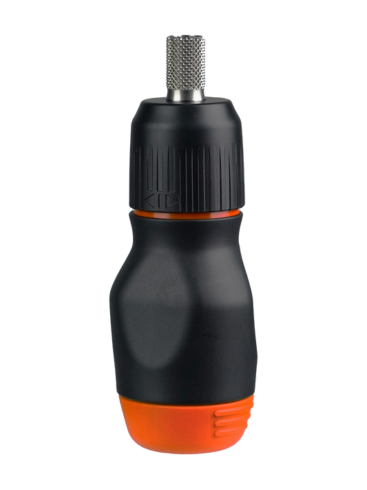 A compact, black and orange LTT Stubby Screwdriver with a stainless steel shaft and a ratchet mechanism.
