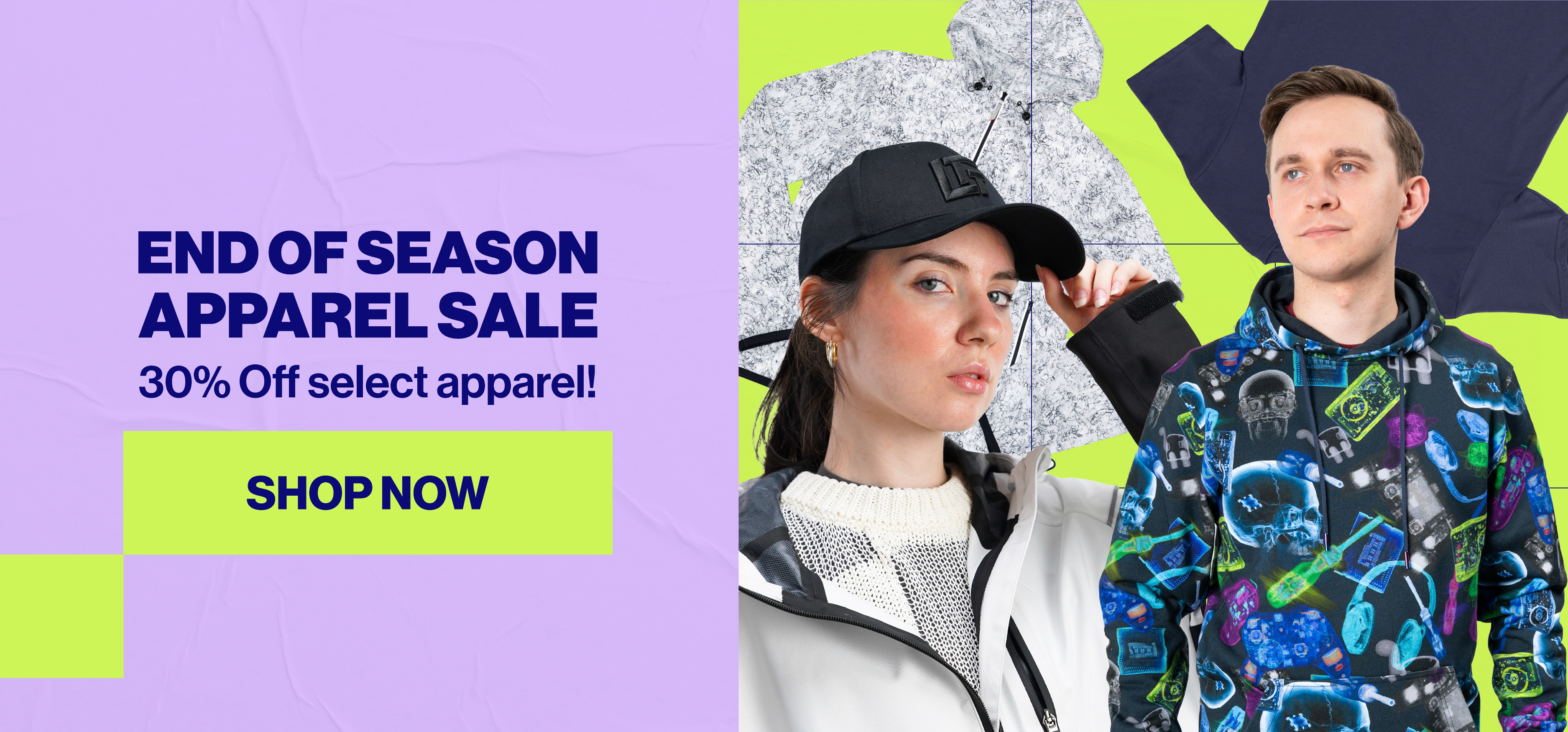 Promotional banner for the LTTStore End of Season Apparel Sale featuring models wearing select apparel. Text reads "End of Season Apparel Sale" with "30% Off select apparel!" and a "Shop Now" call-to-action.
