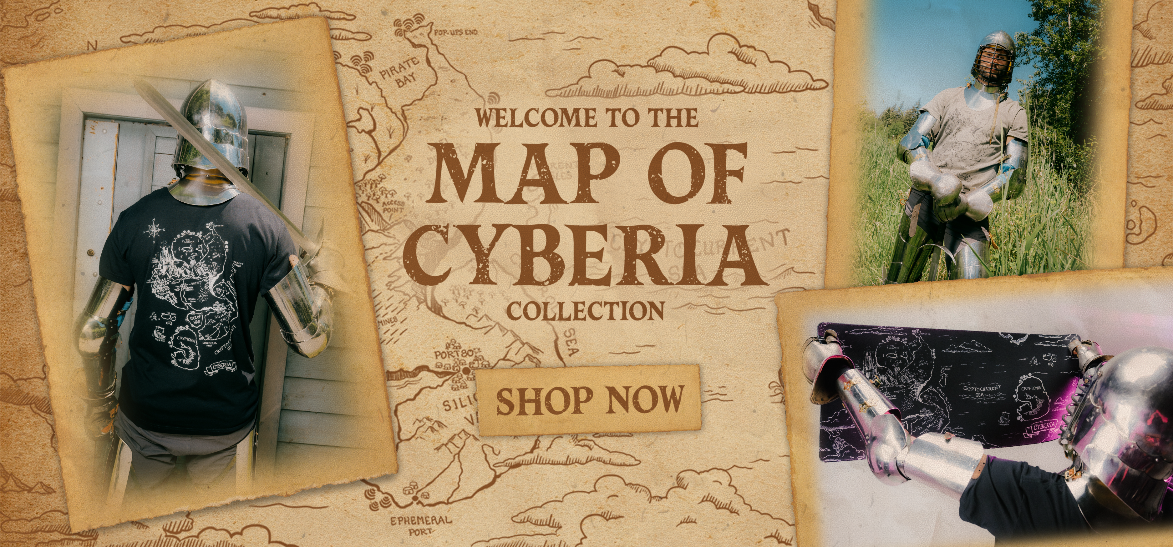 Map of Cyberia Collection banner featuring the Map of Cyberia T-shirt and Desk Pad with a fantasy-inspired tech map design and Shop Now call-to-action.