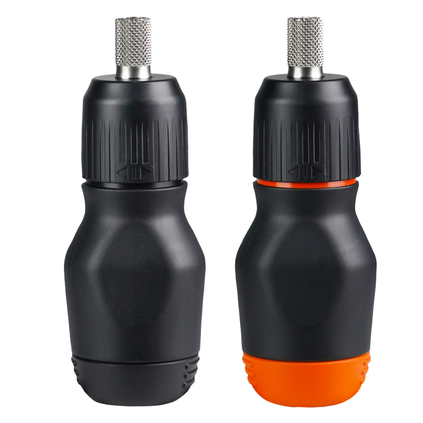 Two Stubby Screwdrivers, one with a black body and silver accents, and the other with a black body and orange accents, both with silver-colored tips.