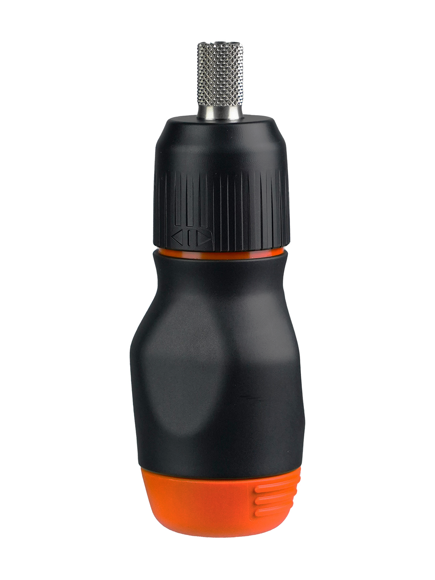 A compact, black and orange LTT Stubby Screwdriver with a stainless steel shaft and a ratchet mechanism.
