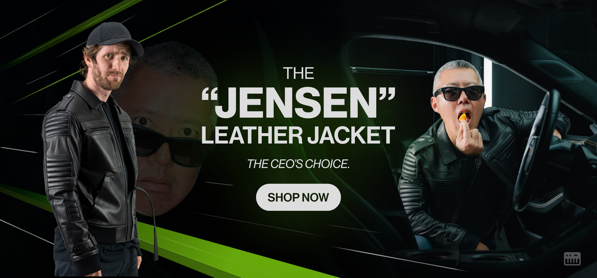 The “Jensen” Leather Jacket – The CEO’s Choice. Two models wear the black leather jacket with quilted shoulders and multiple zippered pockets, set against a black and green banner. Shop now.