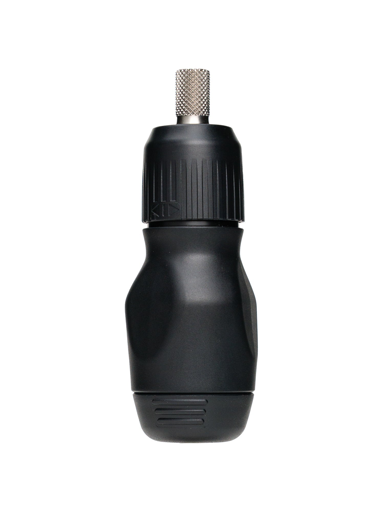 A compact, all black LTT Stubby Screwdriver with a stainless steel shaft and a ratchet mechanism.