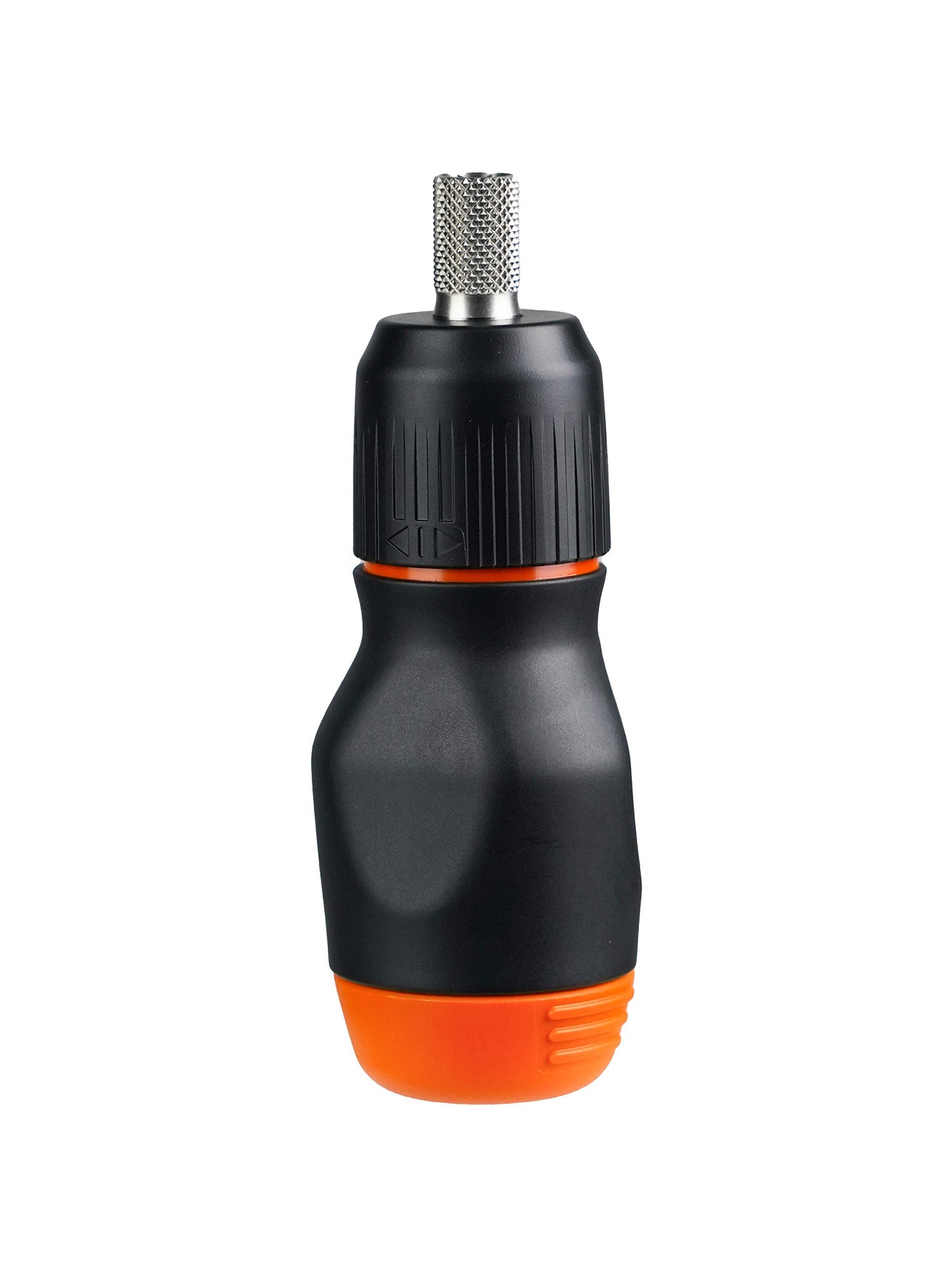 A compact, black and orange LTT Stubby Screwdriver with a stainless steel shaft and a ratchet mechanism.