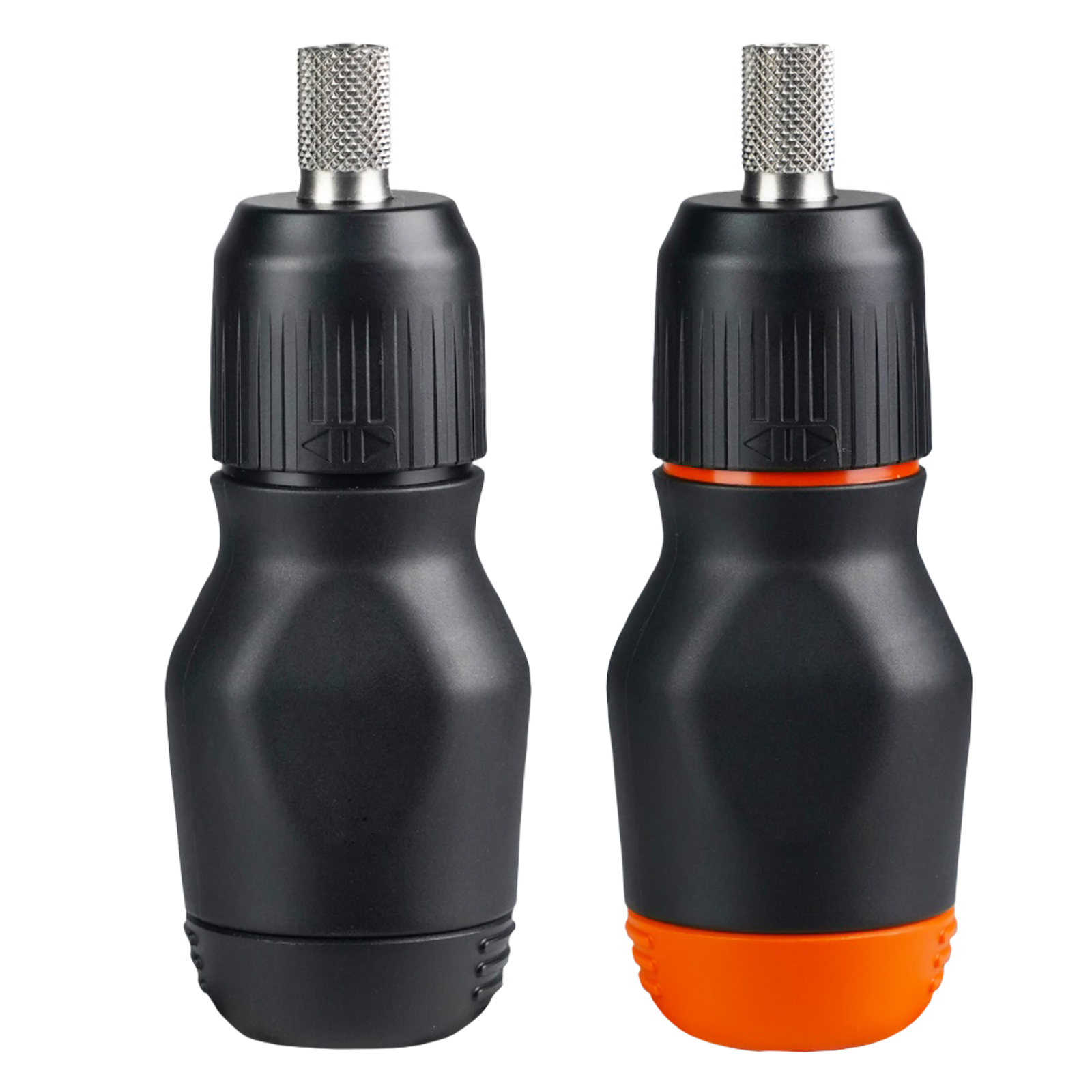 Two Stubby Screwdrivers, one with a black body and silver accents, and the other with a black body and orange accents, both with silver-colored tips.